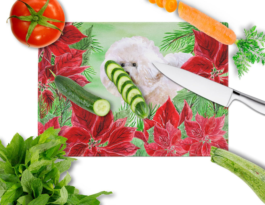 Bichon Frise #2 Poinsettas Cutting Board Tempered Glass Kitchen Cutting Surface, Heat Resistant Chopping, Non-Slip Feet, Food Prep & Serving