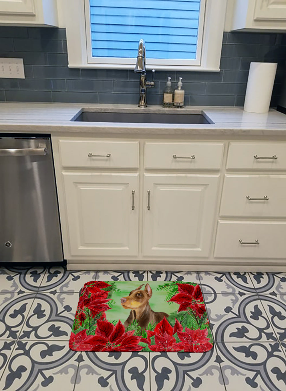 Doberman Pinscher Poinsettas Memory Foam Kitchen Mat Machine Washable Anti-Fatigue Cushion Comfort Bath or Kitchen Rug
