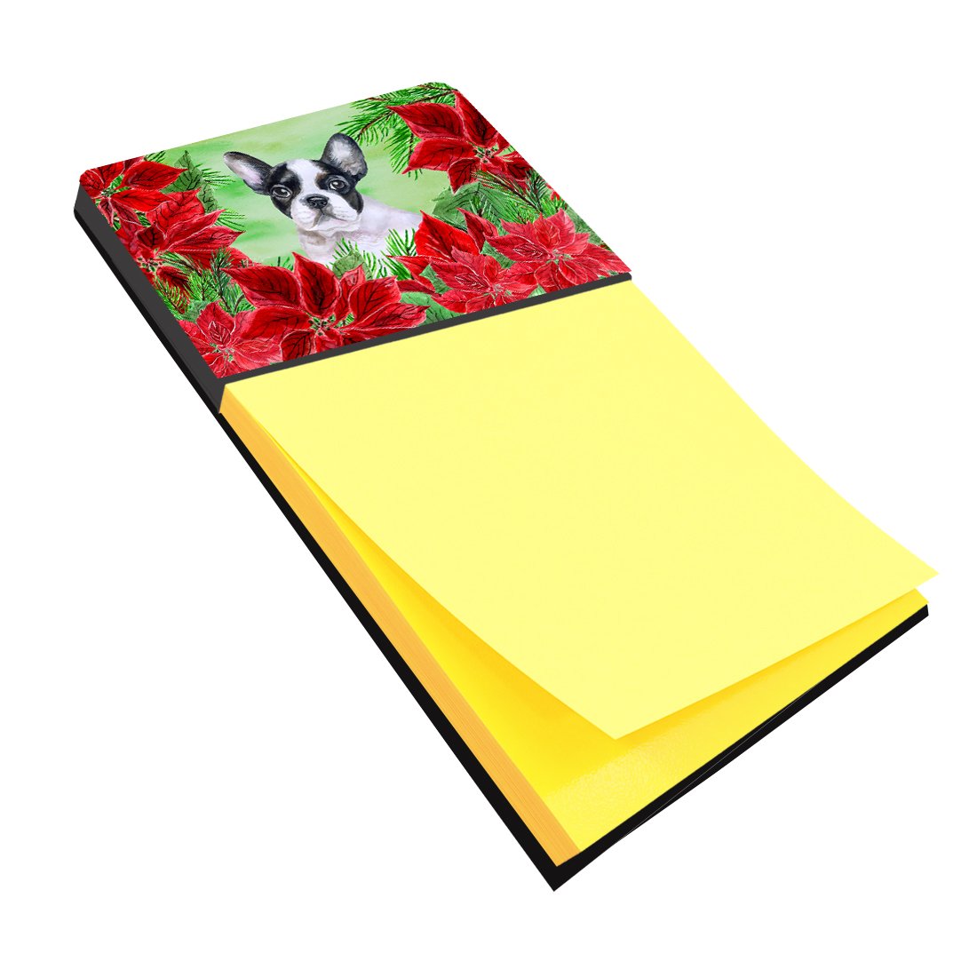 French Bulldog Black White Poinsettas Watercolor Sticky Note Holder Refillable Dispenser Desk Accessory 3x3 Pad Gift