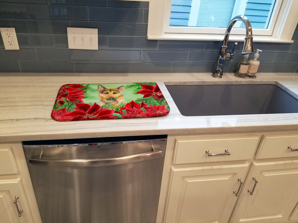 German Shepherd #2 Poinsettas Dish Drying Mat Absorbent Dish Drying Mat Pad for Kitchen Counter Dish Drainer Mat for Countertop, 14 x 21", Multicolor