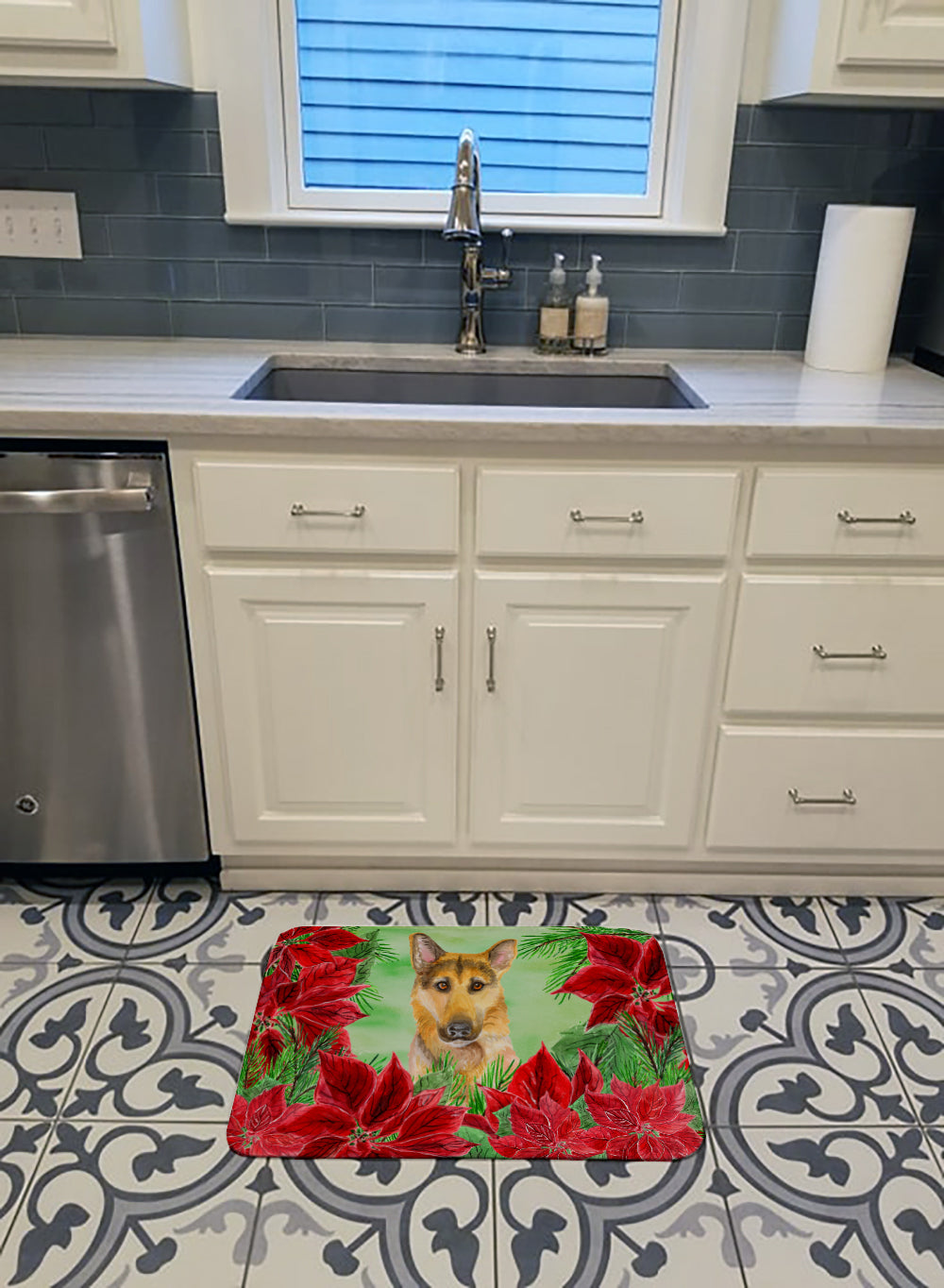 German Shepherd #2 Poinsettas Memory Foam Kitchen Mat Machine Washable Anti-Fatigue Cushion Comfort Bath or Kitchen Rug