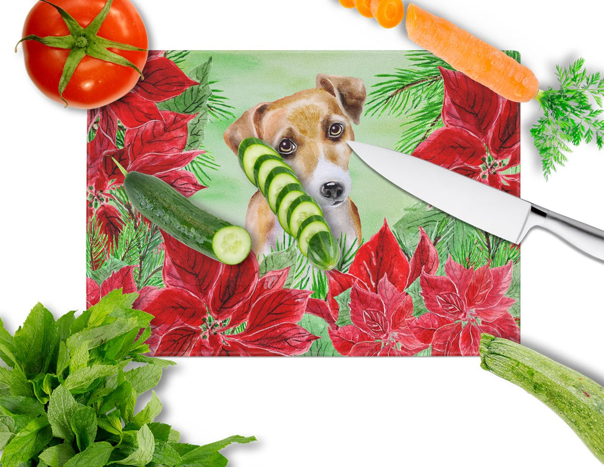Jack Russell Terrier #2 Poinsettas Cutting Board Tempered Glass Kitchen Cutting Surface, Heat Resistant Chopping, Non-Slip Feet, Food Prep & Serving