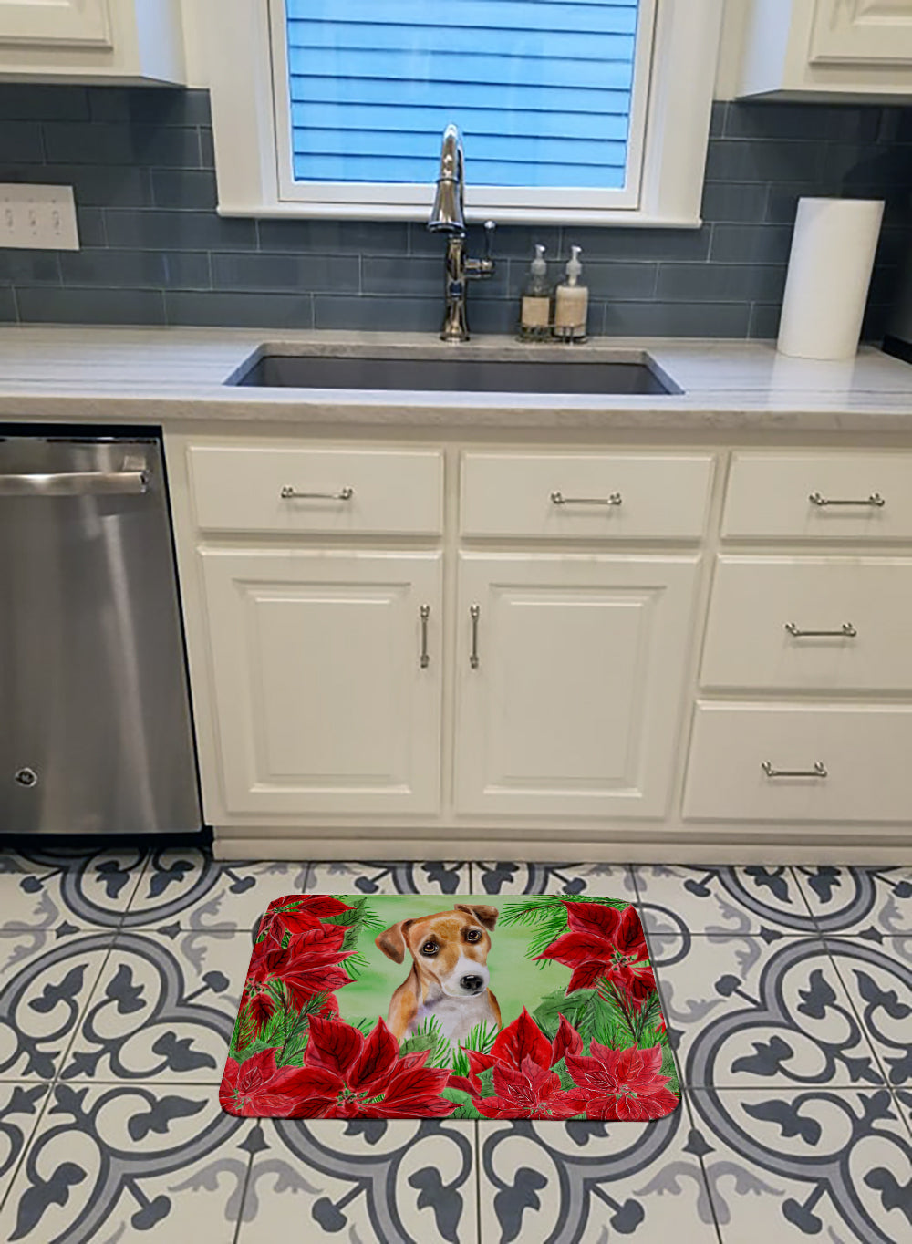 Jack Russell Terrier #2 Poinsettas Memory Foam Kitchen Mat Machine Washable Anti-Fatigue Cushion Comfort Bath or Kitchen Rug