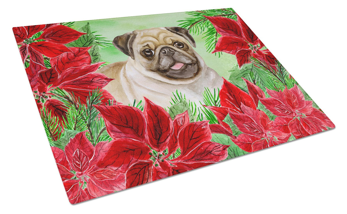 Fawn Pug Poinsettas Cutting Board Tempered Glass Kitchen Cutting Surface, Heat Resistant Chopping, Non-Slip Feet, Food Prep & Serving