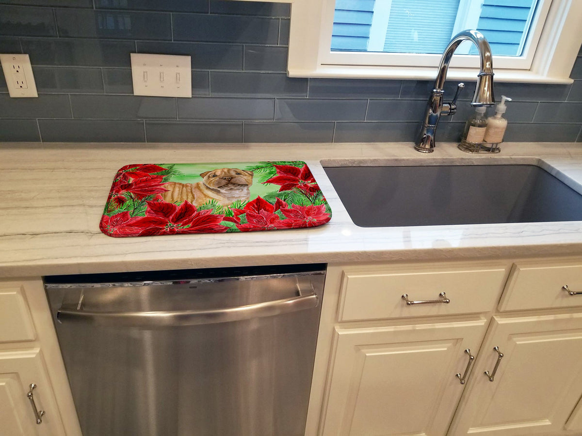 Shar Pei Puppy Poinsettas Dish Drying Mat Absorbent Dish Drying Mat Pad for Kitchen Counter Dish Drainer Mat for Countertop, 14 x 21", Multicolor