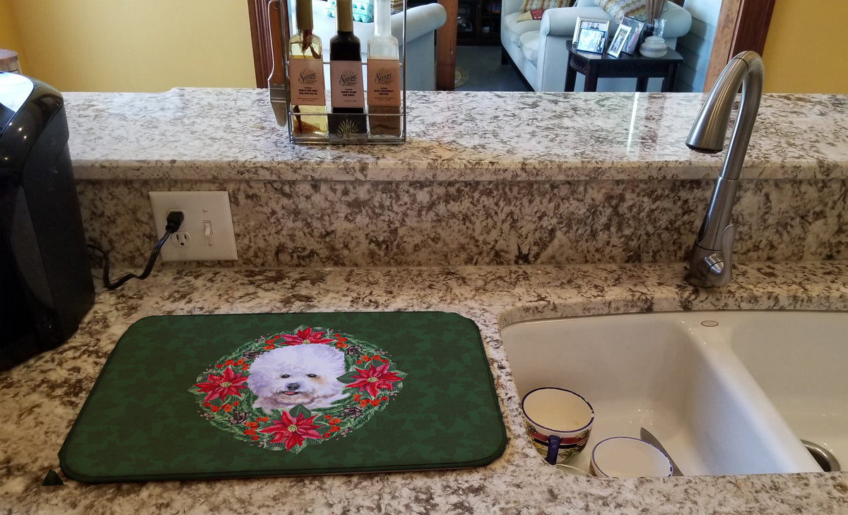 Bichon Frise Poinsetta Wreath Dish Drying Mat Absorbent Dish Drying Mat Pad for Kitchen Counter Dish Drainer Mat for Countertop, 14 x 21", Multicolor