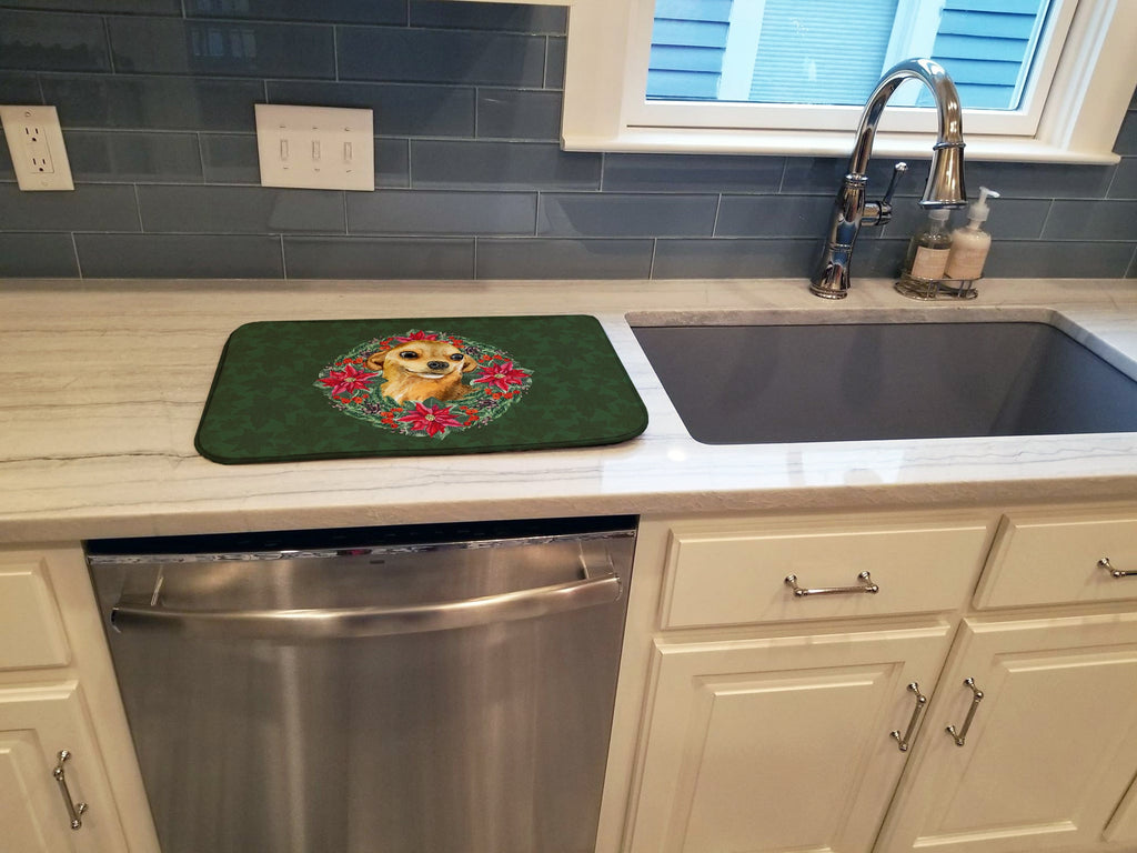 Chihuahua Poinsetta Wreath Dish Drying Mat Absorbent Dish Drying Mat Pad for Kitchen Counter Dish Drainer Mat for Countertop, 14 x 21", Multicolor