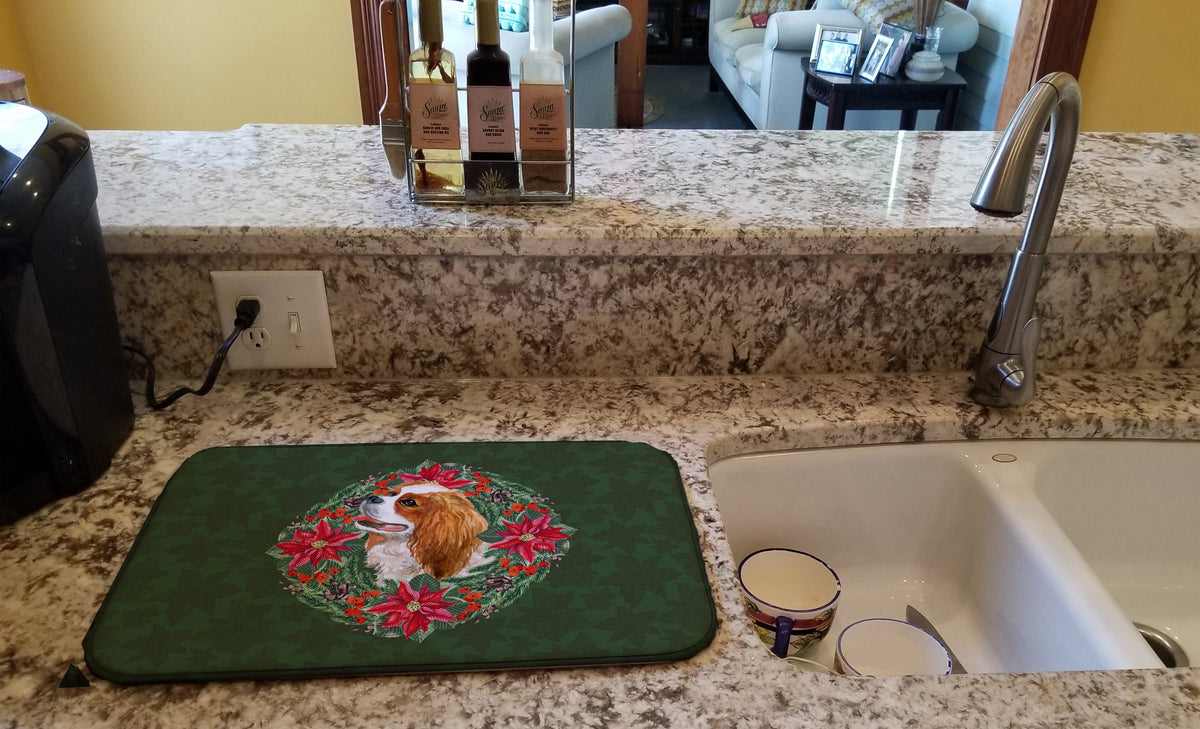 Cavalier Spaniel Poinsetta Wreath Dish Drying Mat Absorbent Dish Drying Mat Pad for Kitchen Counter Dish Drainer Mat for Countertop, 14 x 21", Multicolor