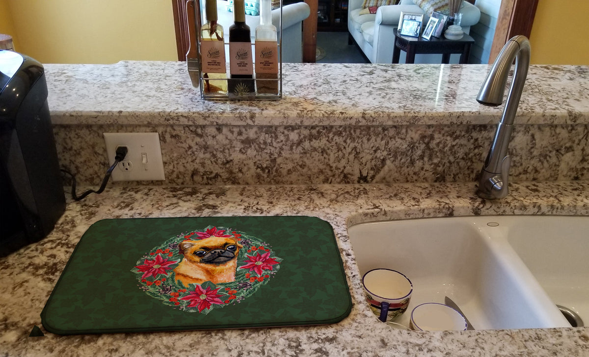 Small Brabant Griffon Poinsetta Wreath Dish Drying Mat Absorbent Dish Drying Mat Pad for Kitchen Counter Dish Drainer Mat for Countertop, 14 x 21", Multicolor