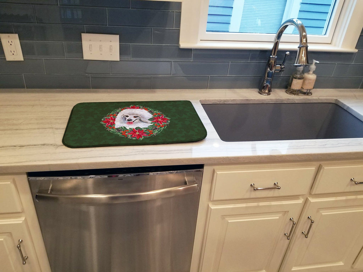 Medium White Poodle Poinsetta Wreath Dish Drying Mat Absorbent Dish Drying Mat Pad for Kitchen Counter Dish Drainer Mat for Countertop, 14 x 21", Multicolor