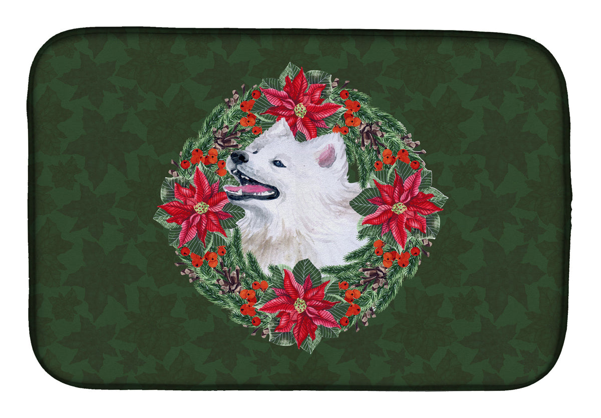Samoyed Poinsetta Wreath Dish Drying Mat Absorbent Dish Drying Mat Pad for Kitchen Counter Dish Drainer Mat for Countertop, 14 x 21", Multicolor