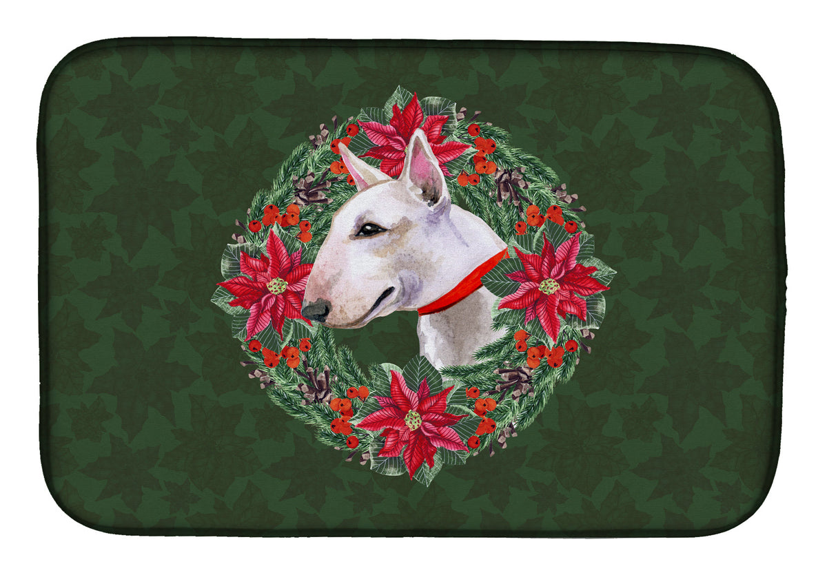 Bull Terrier Poinsetta Wreath Dish Drying Mat Absorbent Dish Drying Mat Pad for Kitchen Counter Dish Drainer Mat for Countertop, 14 x 21", Multicolor