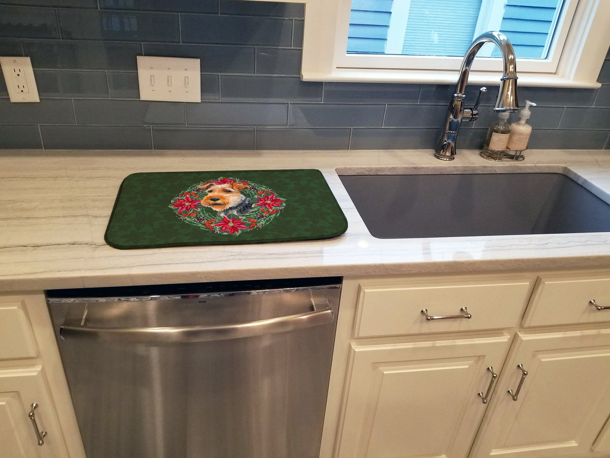 Welsh Terrier Poinsetta Wreath Dish Drying Mat Absorbent Dish Drying Mat Pad for Kitchen Counter Dish Drainer Mat for Countertop, 14 x 21", Multicolor