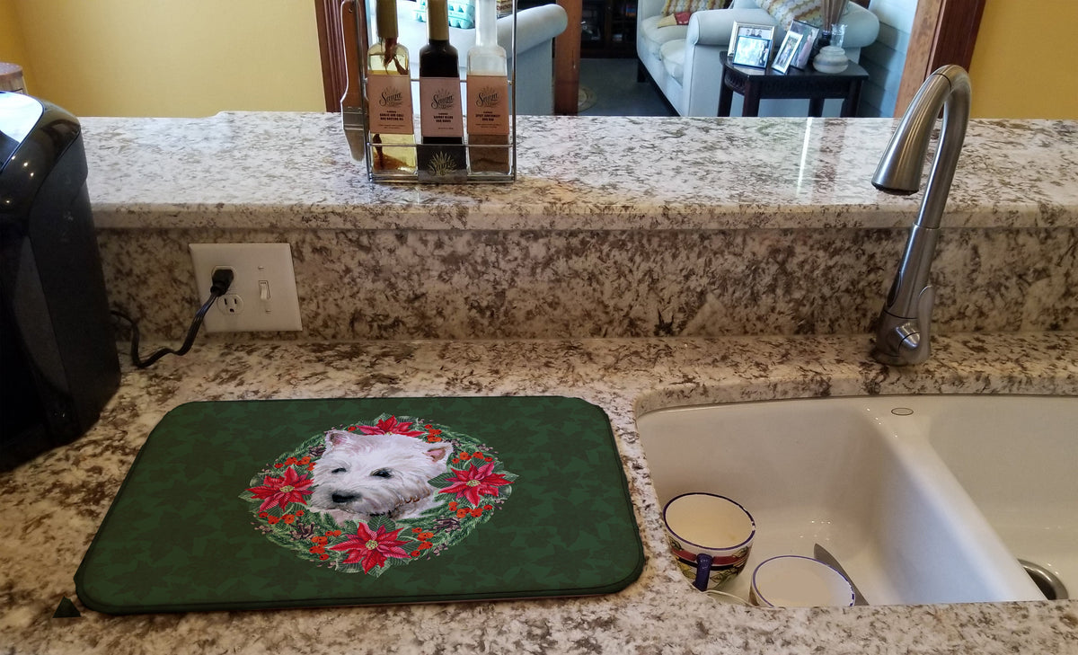 Westie Poinsetta Wreath Dish Drying Mat Absorbent Dish Drying Mat Pad for Kitchen Counter Dish Drainer Mat for Countertop, 14 x 21", Multicolor