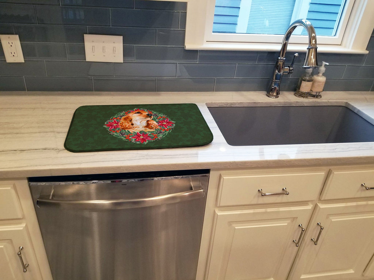 Cocker Spaniel Poinsetta Wreath Dish Drying Mat Absorbent Dish Drying Mat Pad for Kitchen Counter Dish Drainer Mat for Countertop, 14 x 21", Multicolor