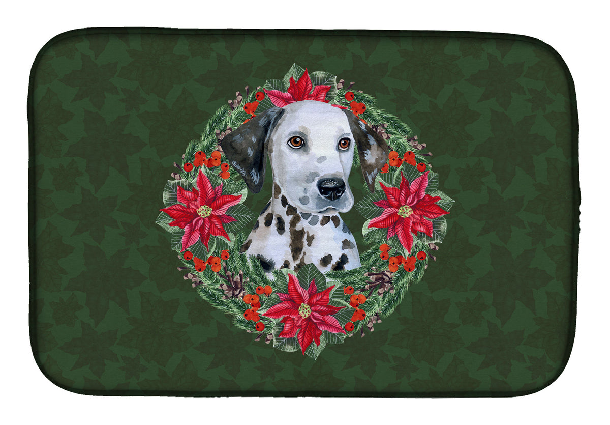 Dalmatian Puppy Poinsetta Wreath Dish Drying Mat Absorbent Dish Drying Mat Pad for Kitchen Counter Dish Drainer Mat for Countertop, 14 x 21", Multicolor