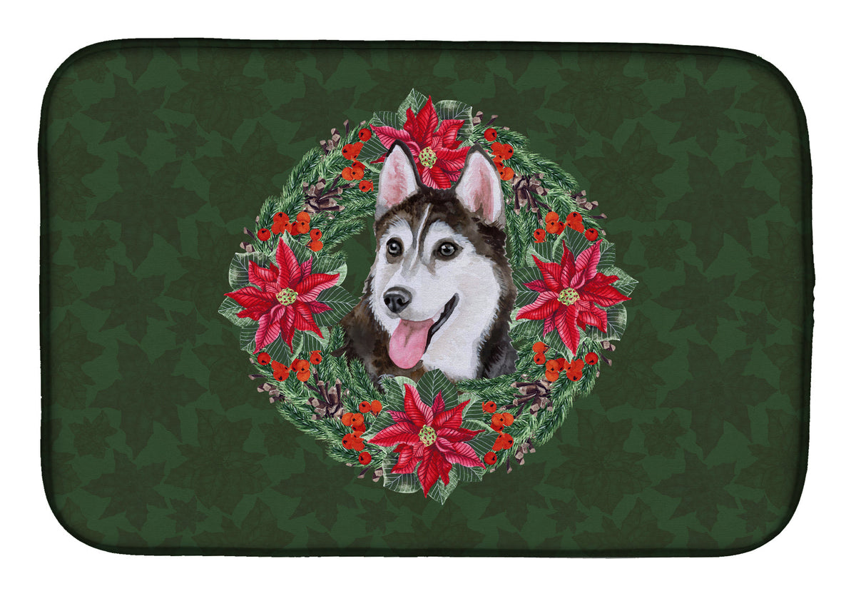 Siberian Husky #2 Poinsetta Wreath Dish Drying Mat Absorbent Dish Drying Mat Pad for Kitchen Counter Dish Drainer Mat for Countertop, 14 x 21", Multicolor