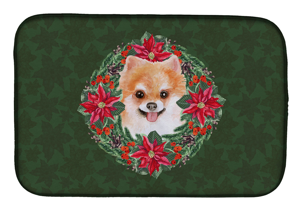 Pomeranian #2 Poinsetta Wreath Dish Drying Mat Absorbent Dish Drying Mat Pad for Kitchen Counter Dish Drainer Mat for Countertop, 14 x 21", Multicolor