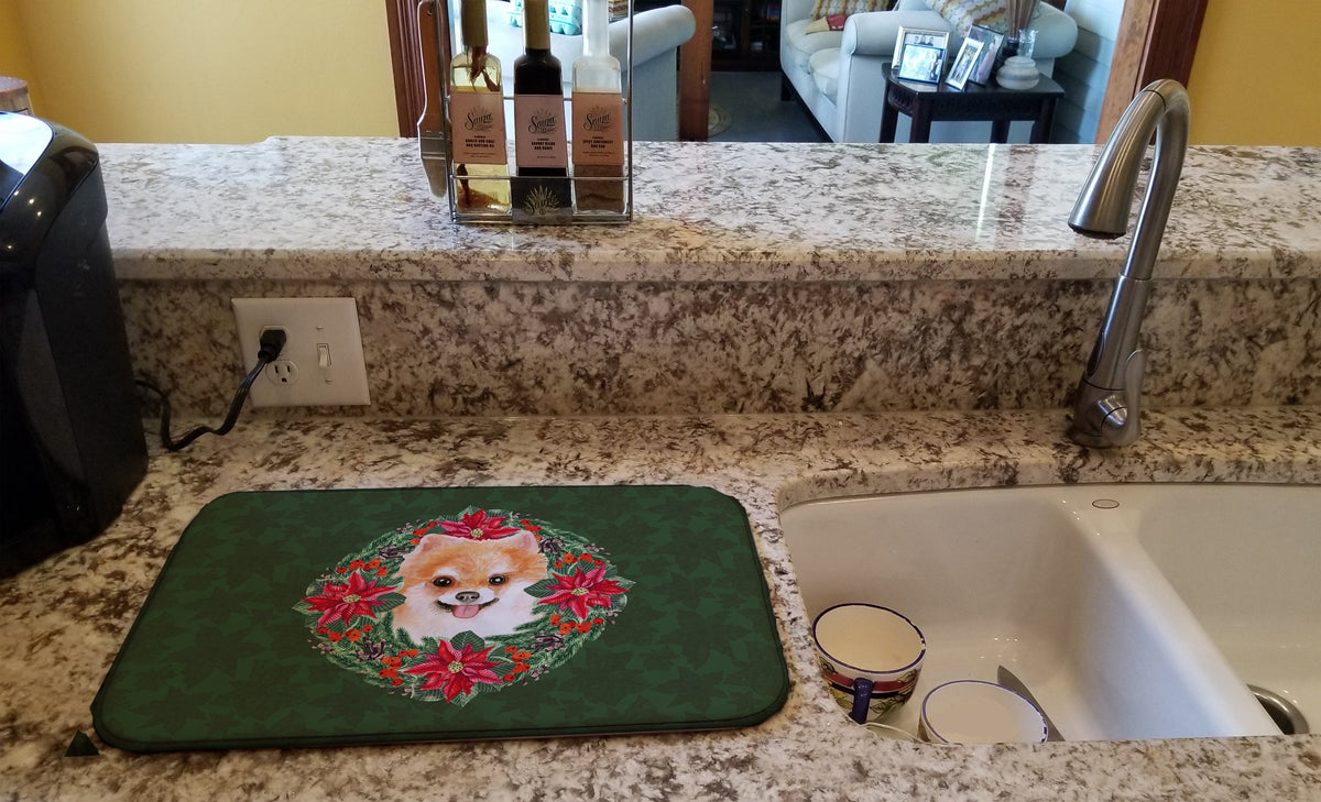 Pomeranian #2 Poinsetta Wreath Dish Drying Mat Absorbent Dish Drying Mat Pad for Kitchen Counter Dish Drainer Mat for Countertop, 14 x 21", Multicolor