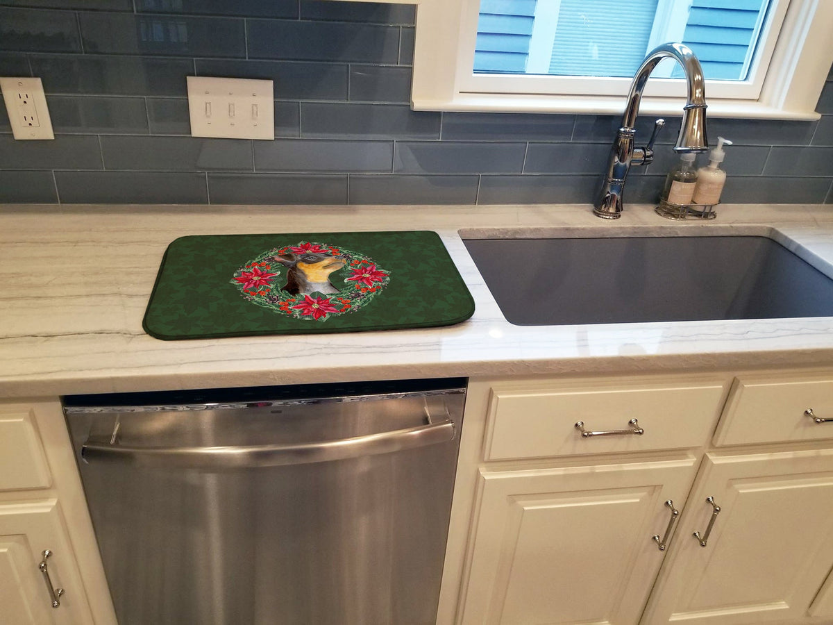 Miniature Pinscher #2 Poinsetta Wreath Dish Drying Mat Absorbent Dish Drying Mat Pad for Kitchen Counter Dish Drainer Mat for Countertop, 14 x 21", Multicolor