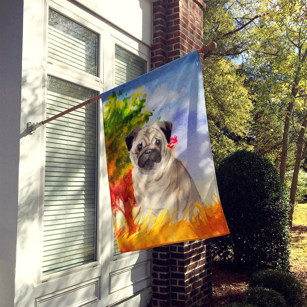 Fall Fawn Pug House Flag 28x40 Porch Sleeve Pole Decorative Outside Yard Banner Artwork Wall Hanging, Polyester