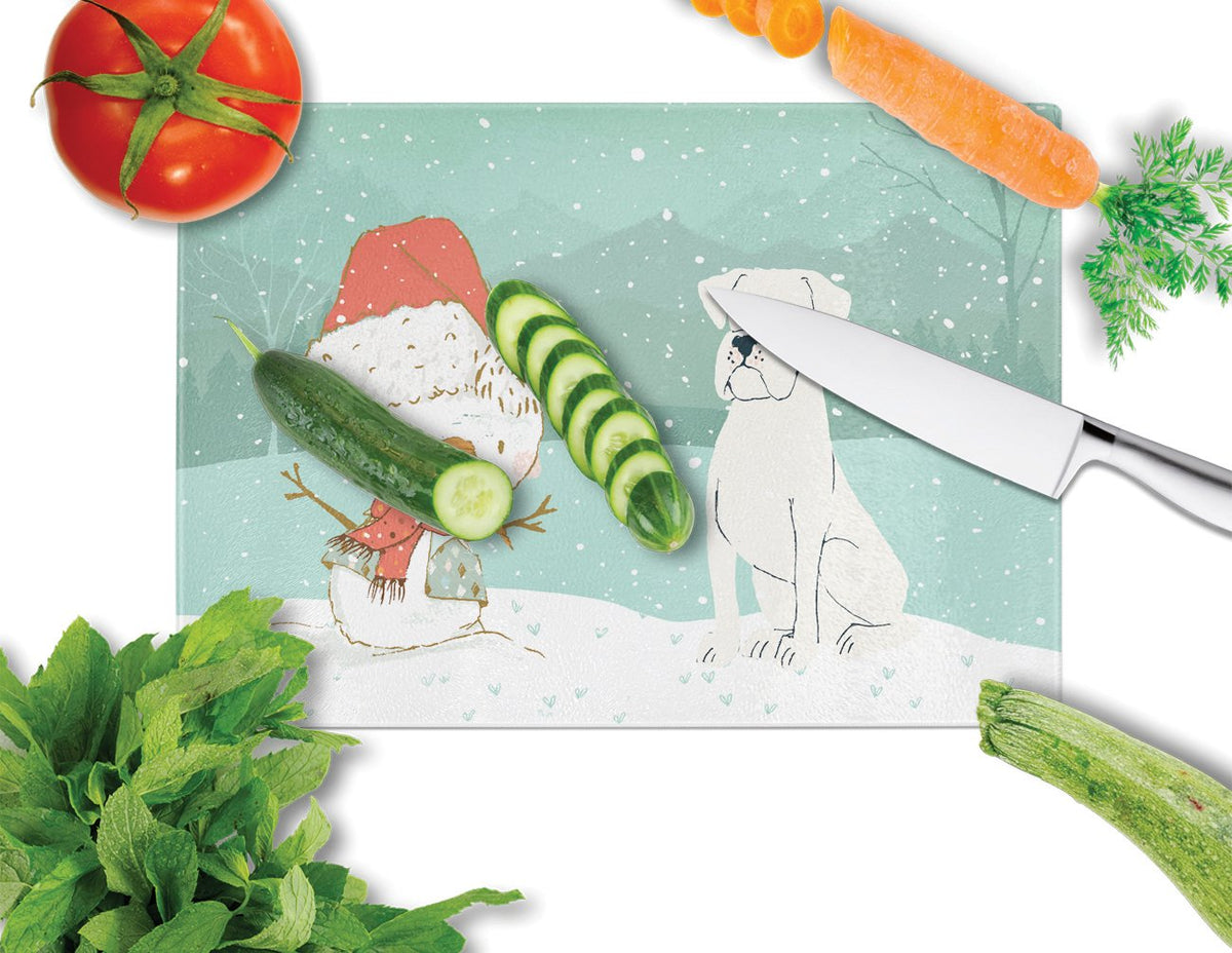 White Boxer and Snowman Christmas Cutting Board Tempered Glass Kitchen Cutting Surface, Heat Resistant Chopping, Non-Slip Feet, Food Prep & Serving