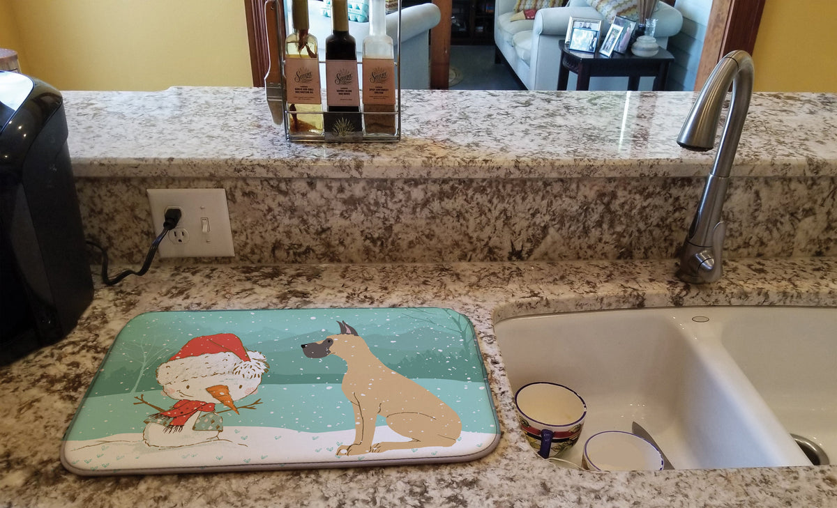 Cropped Fawn Great Dane Snowman Christmas Dish Drying Mat Absorbent Dish Drying Mat Pad for Kitchen Counter Dish Drainer Mat for Countertop, 14 x 21", Multicolor