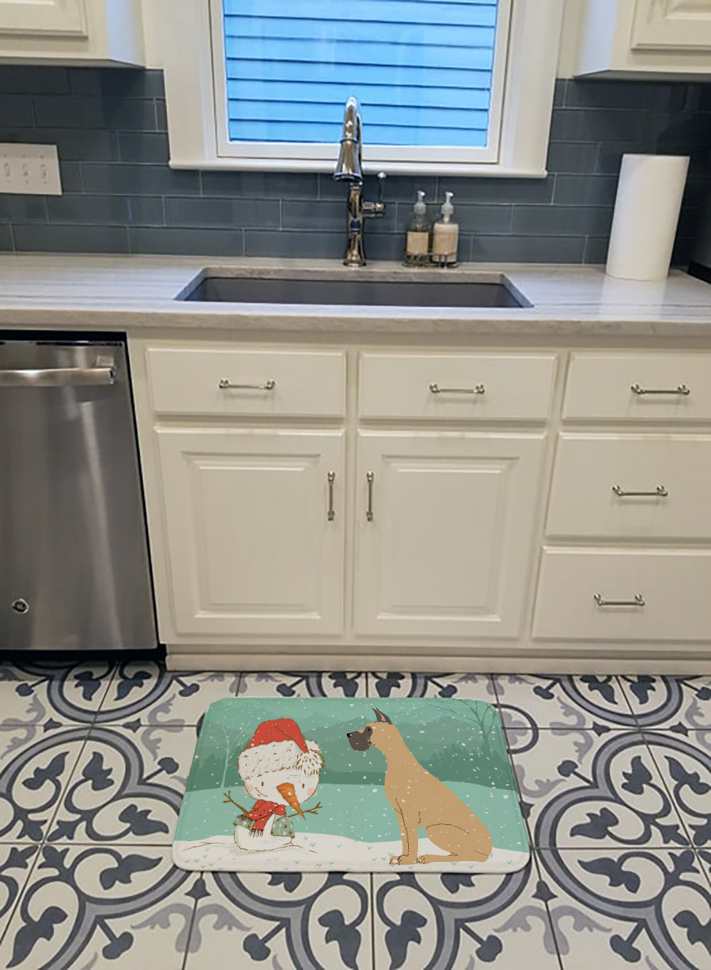 Cropped Fawn Great Dane Snowman Christmas Memory Foam Kitchen Mat Machine Washable Anti-Fatigue Cushion Comfort Bath or Kitchen Rug