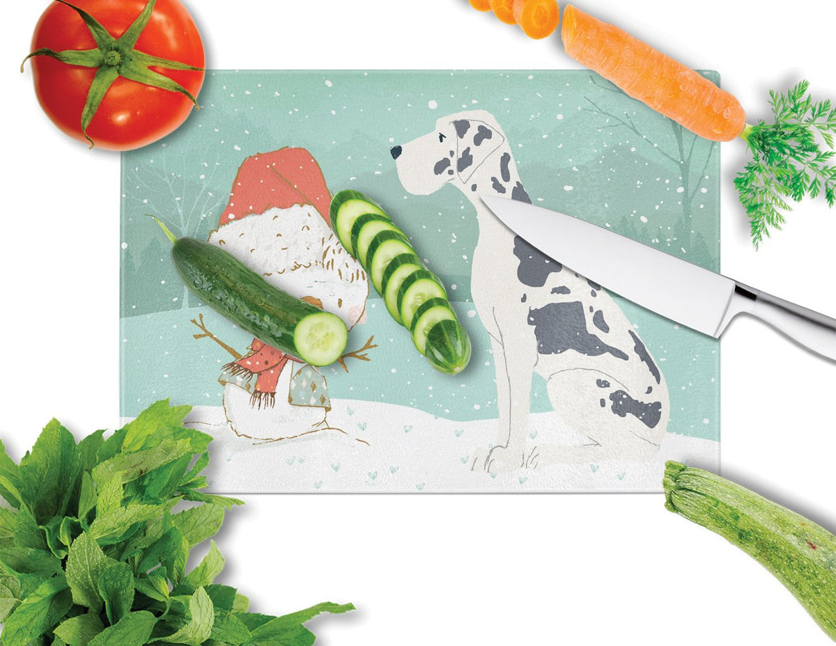 Harlequin Great Dane Snowman Christmas Cutting Board Tempered Glass Kitchen Cutting Surface, Heat Resistant Chopping, Non-Slip Feet, Food Prep & Serving