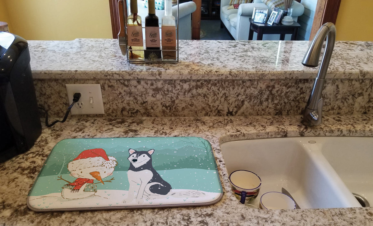 Siberian Husky Snowman Christmas Dish Drying Mat Absorbent Dish Drying Mat Pad for Kitchen Counter Dish Drainer Mat for Countertop, 14 x 21", Multicolor