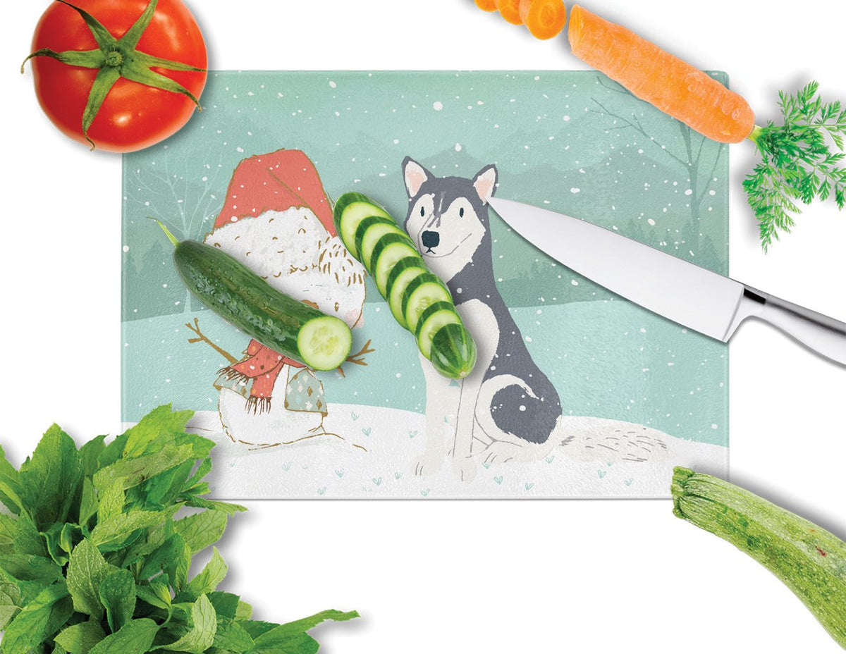 Siberian Husky Snowman Christmas Cutting Board Tempered Glass Kitchen Cutting Surface, Heat Resistant Chopping, Non-Slip Feet, Food Prep & Serving