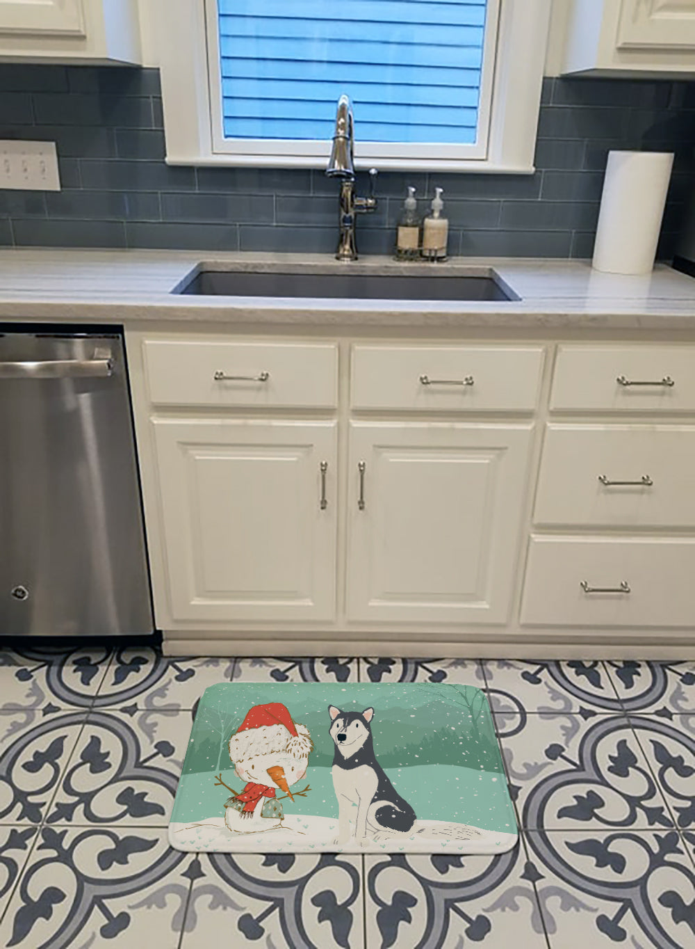 Siberian Husky Snowman Christmas Memory Foam Kitchen Mat Machine Washable Anti-Fatigue Cushion Comfort Bath or Kitchen Rug