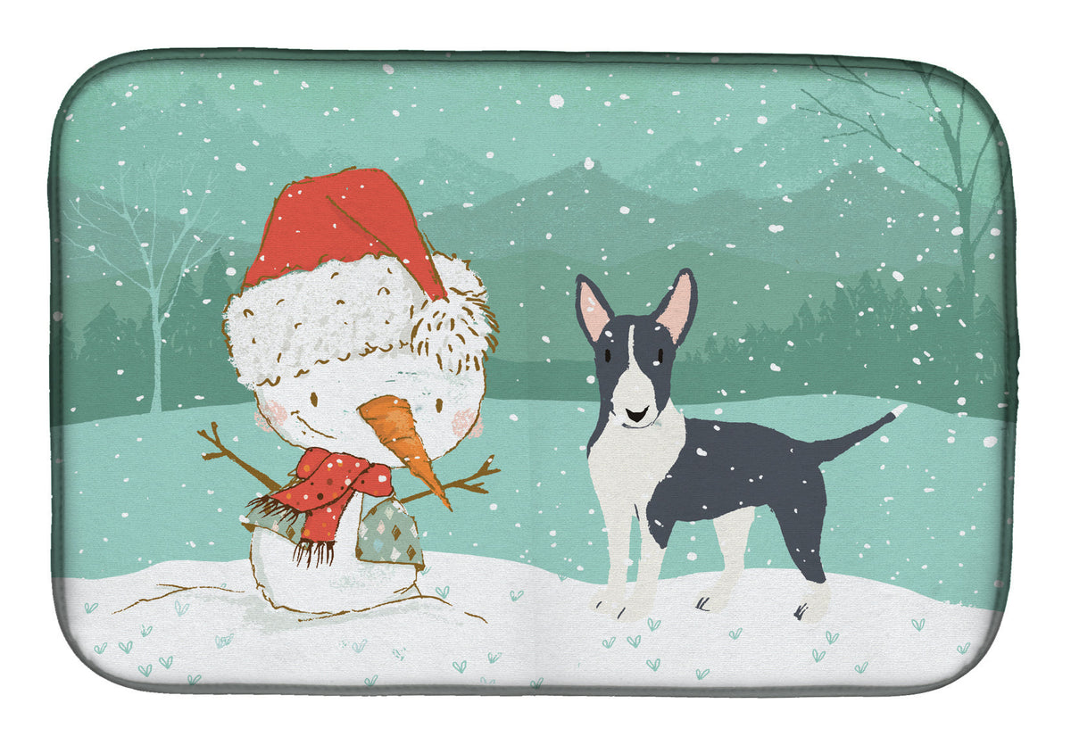 Black Bull Terrier Snowman Christmas Dish Drying Mat Absorbent Dish Drying Mat Pad for Kitchen Counter Dish Drainer Mat for Countertop, 14 x 21", Multicolor