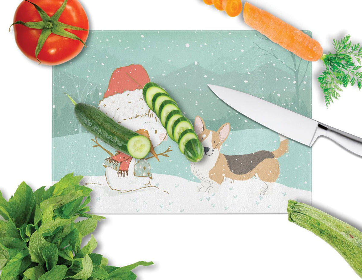 Tricolor Cardigan Corgi Snowman Christmas Cutting Board Tempered Glass Kitchen Cutting Surface, Heat Resistant Chopping, Non-Slip Feet, Food Prep & Serving