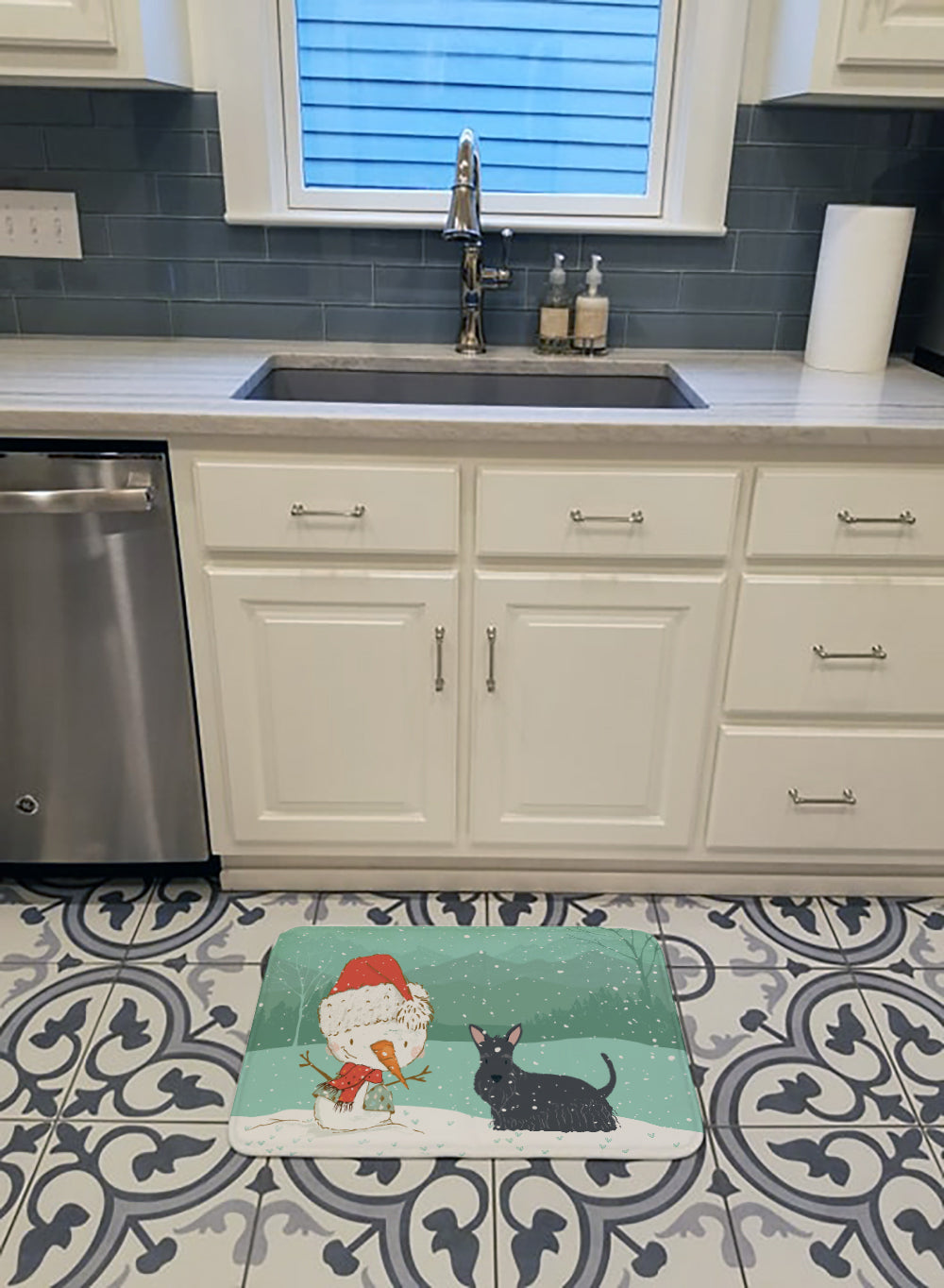Scottish Terrier Snowman Christmas Memory Foam Kitchen Mat Machine Washable Anti-Fatigue Cushion Comfort Bath or Kitchen Rug