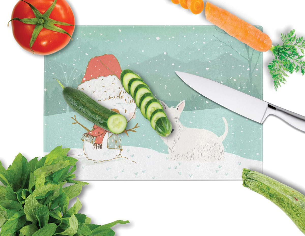 Wheaten Scottish Terrier Snowman Christmas Cutting Board Tempered Glass Kitchen Cutting Surface, Heat Resistant Chopping, Non-Slip Feet, Food Prep & Serving