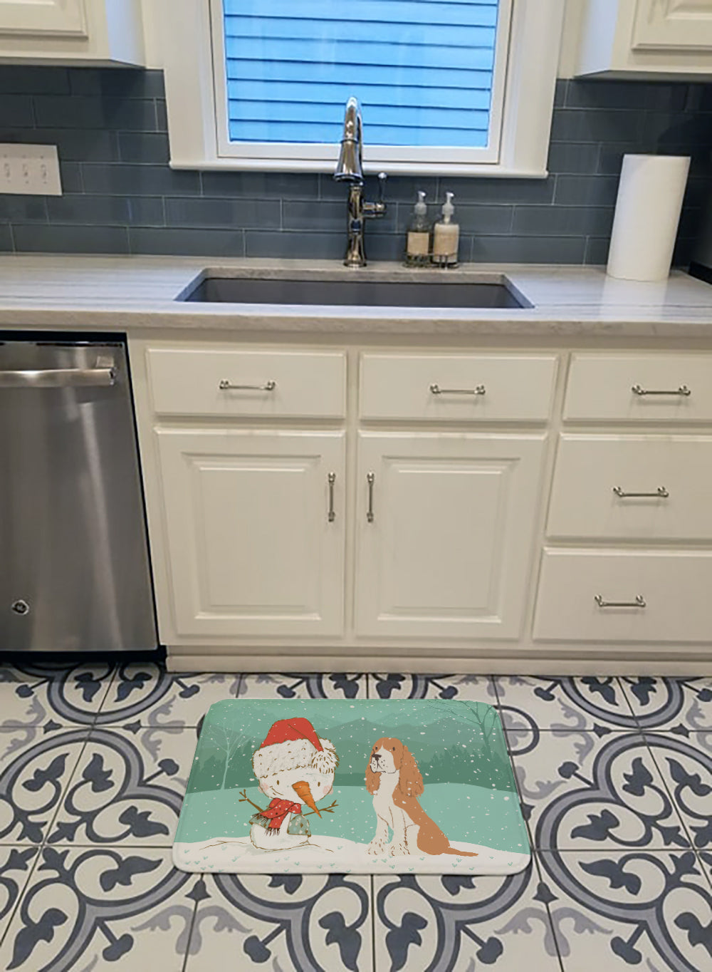 Red Spaniel Snowman Christmas Memory Foam Kitchen Mat Machine Washable Anti-Fatigue Cushion Comfort Bath or Kitchen Rug