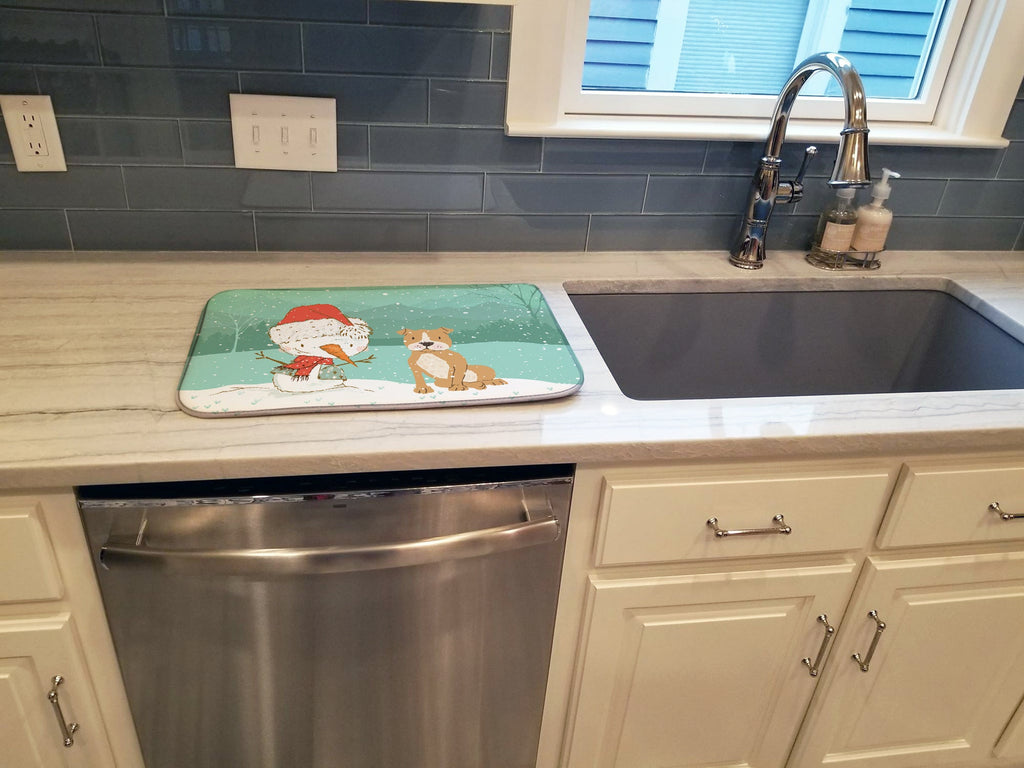 Brown Staffie Snowman Christmas Dish Drying Mat Absorbent Dish Drying Mat Pad for Kitchen Counter Dish Drainer Mat for Countertop, 14 x 21", Multicolor