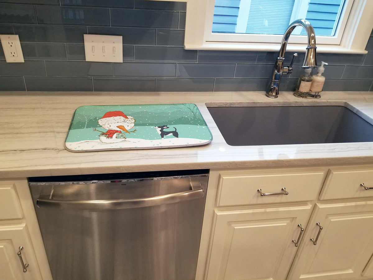 Black Chihuahua Snowman Christmas Dish Drying Mat Absorbent Dish Drying Mat Pad for Kitchen Counter Dish Drainer Mat for Countertop, 14 x 21", Multicolor