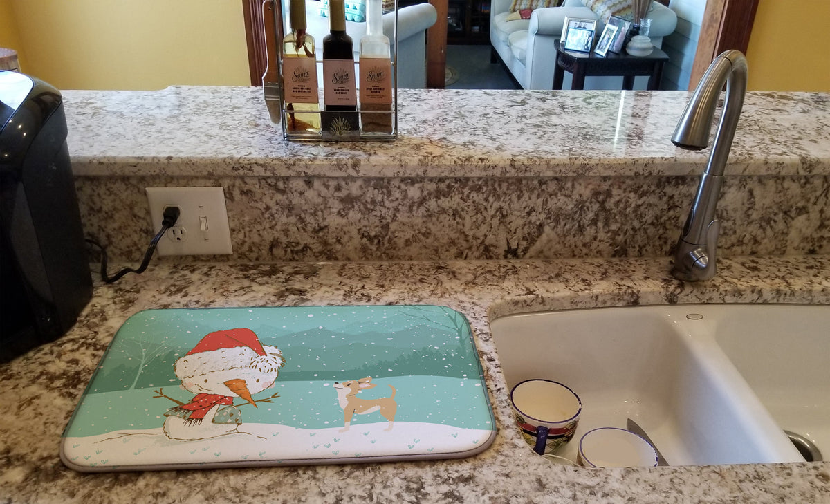 Tan Chihuahua Snowman Christmas Dish Drying Mat Absorbent Dish Drying Mat Pad for Kitchen Counter Dish Drainer Mat for Countertop, 14 x 21", Multicolor