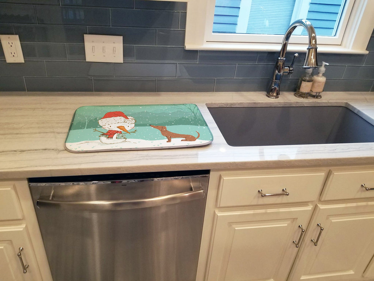 Red Dachshund Snowman Christmas Dish Drying Mat Absorbent Dish Drying Mat Pad for Kitchen Counter Dish Drainer Mat for Countertop, 14 x 21", Multicolor
