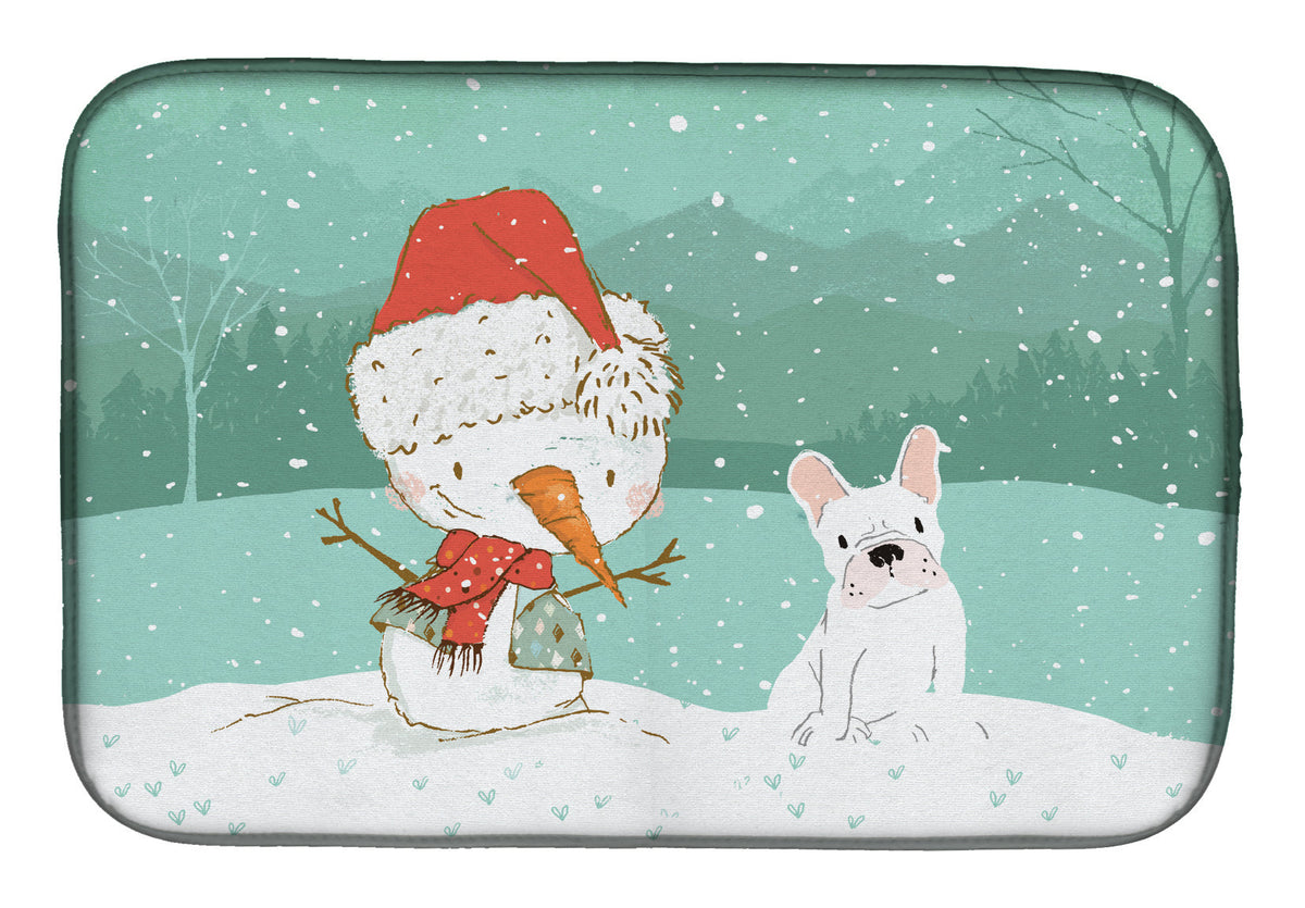 White French Bulldog Snowman Christmas Dish Drying Mat Absorbent Dish Drying Mat Pad for Kitchen Counter Dish Drainer Mat for Countertop, 14 x 21", Multicolor