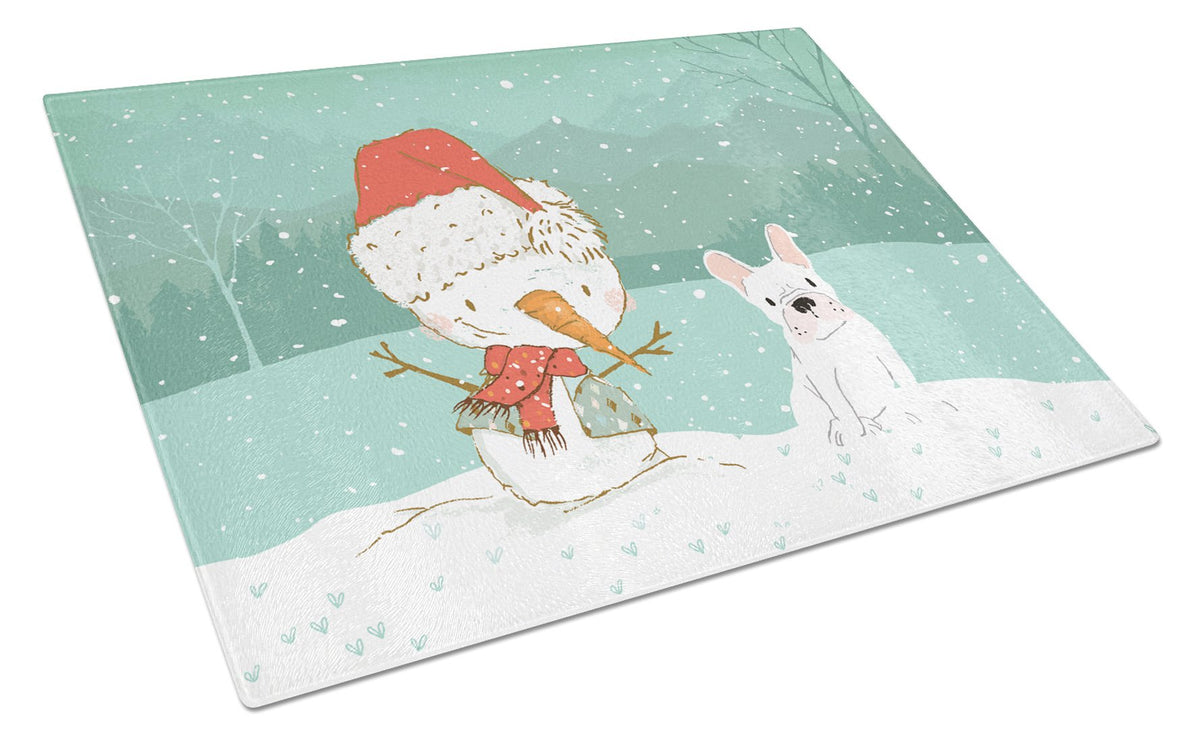 White French Bulldog Snowman Christmas Cutting Board Tempered Glass Kitchen Cutting Surface, Heat Resistant Chopping, Non-Slip Feet, Food Prep & Serving