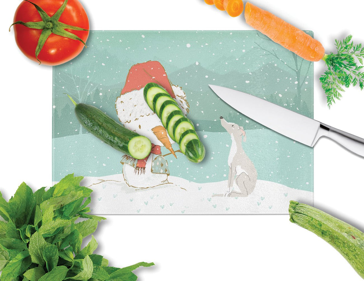 Italian Greyhound Snowman Christmas Cutting Board Tempered Glass Kitchen Cutting Surface, Heat Resistant Chopping, Non-Slip Feet, Food Prep & Serving