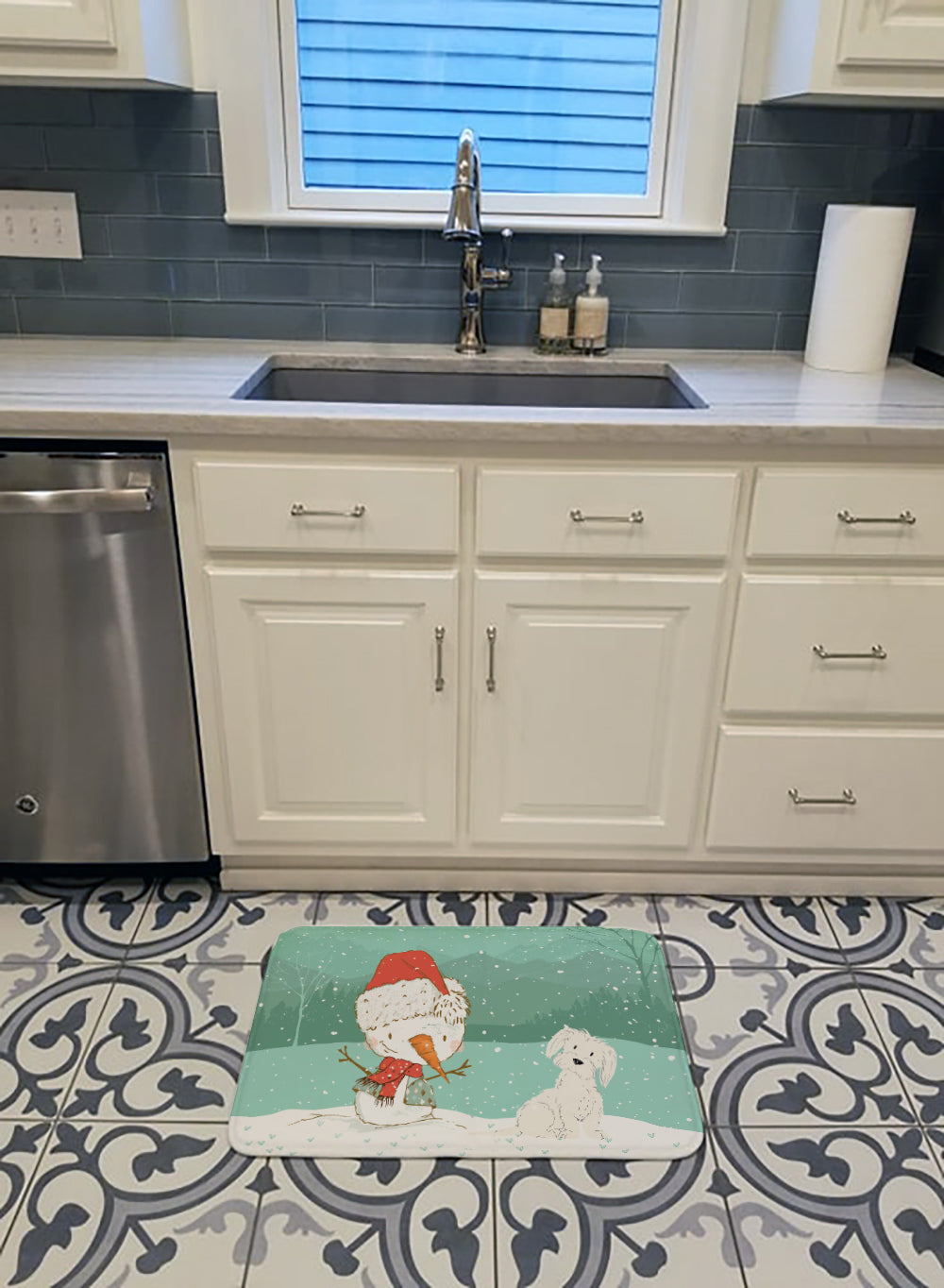 Maltese Snowman Christmas Memory Foam Kitchen Mat Machine Washable Anti-Fatigue Cushion Comfort Bath or Kitchen Rug