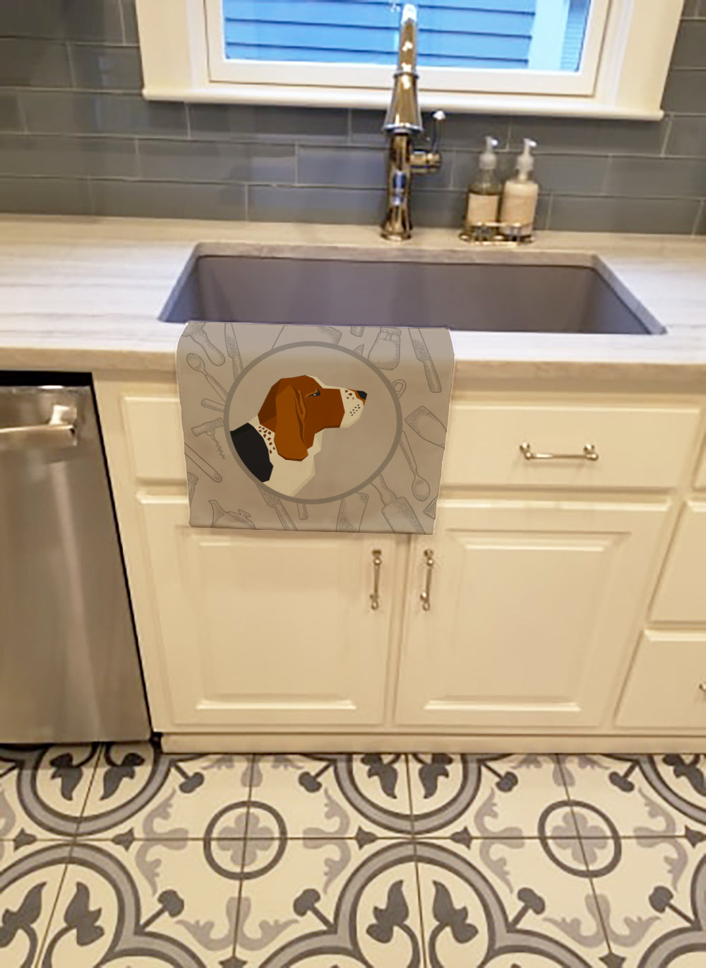 Basset Hound In the Kitchen Kitchen Towel Velour Plush Front and Cotton Loop Back Machine Washable