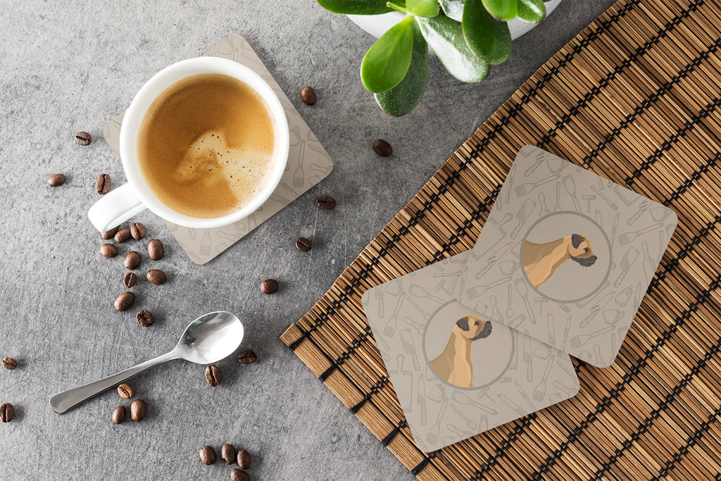 Border Terrier In the Kitchen Foam Coasters Set of 4 Cup Coasters for Indoor Outdoor, Tabletop Protection, Anti Slip, Mouse pad Material