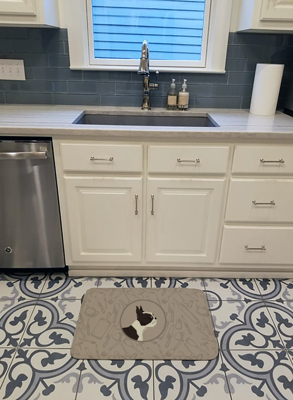 Boston Terrier In the Kitchen Memory Foam Kitchen Mat Machine Washable Anti-Fatigue Cushion Comfort Bath or Kitchen Rug