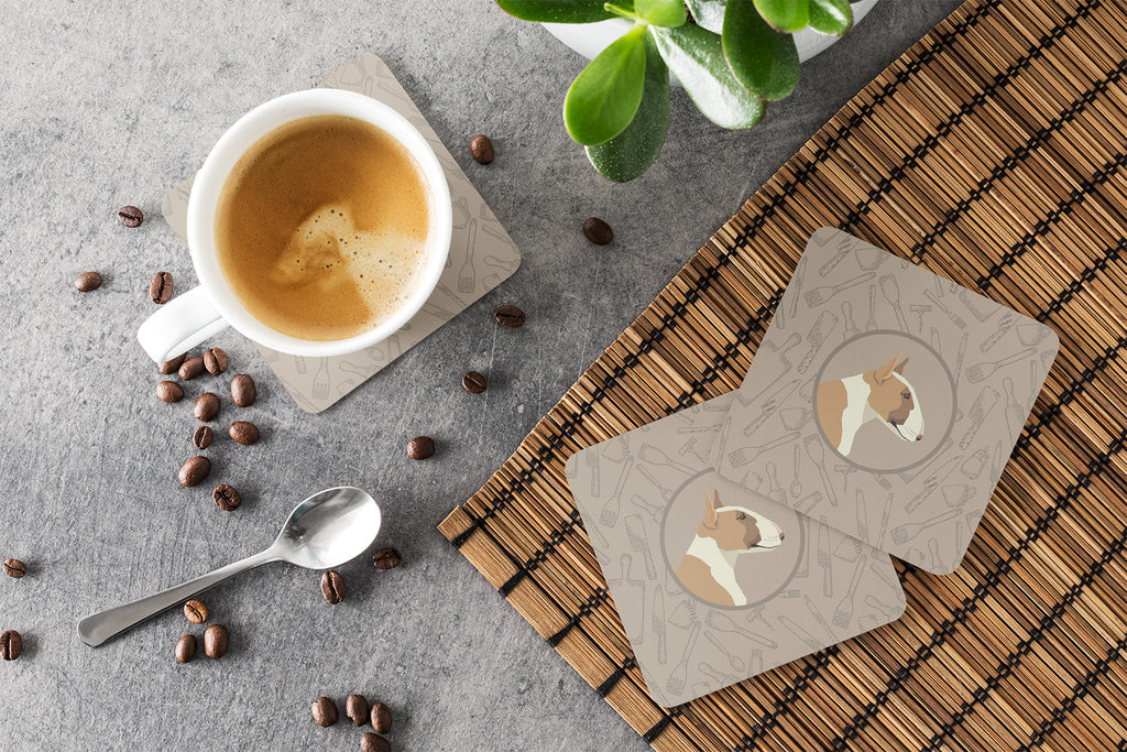Fawn and White Bull Terrier In the Kitchen Foam Coasters Set of 4 Cup Coasters for Indoor Outdoor, Tabletop Protection, Anti Slip, Mouse pad Material