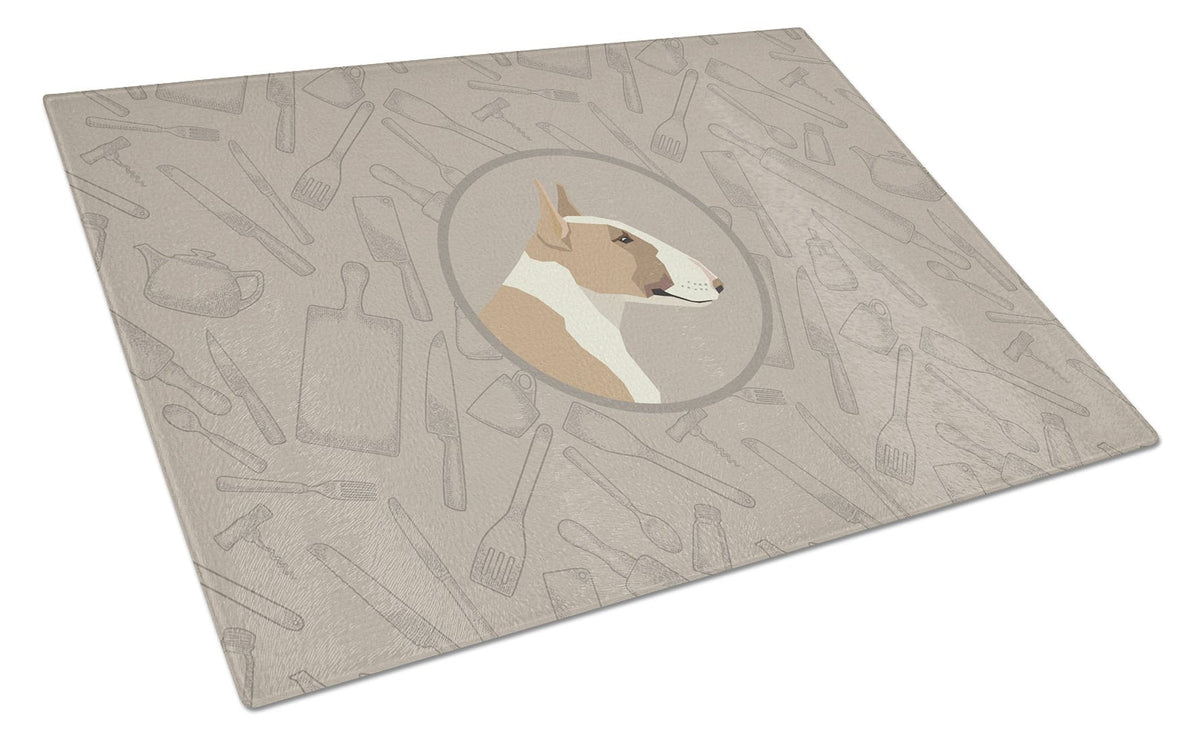 Fawn and White Bull Terrier In the Kitchen Cutting Board Tempered Glass Kitchen Cutting Surface, Heat Resistant Chopping, Non-Slip Feet, Food Prep & Serving